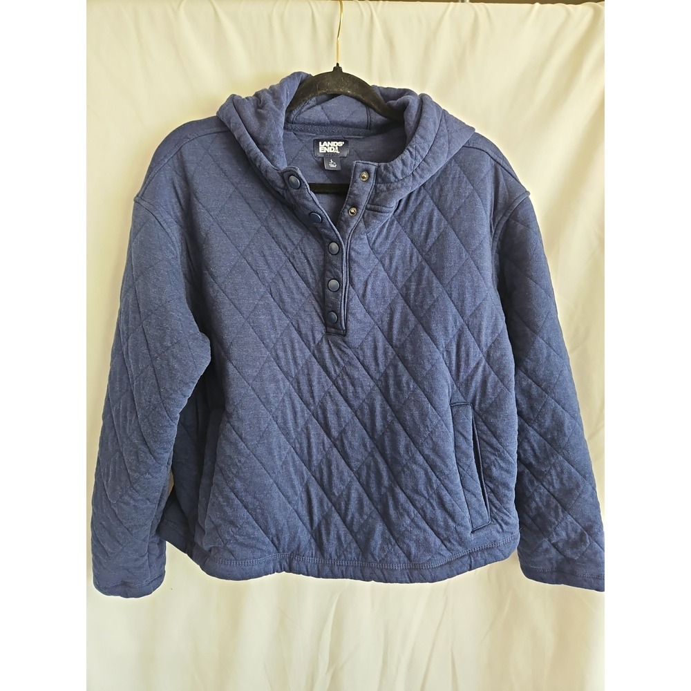 Lands End Quilted Pullover 3/4 Button With Hood Size Large